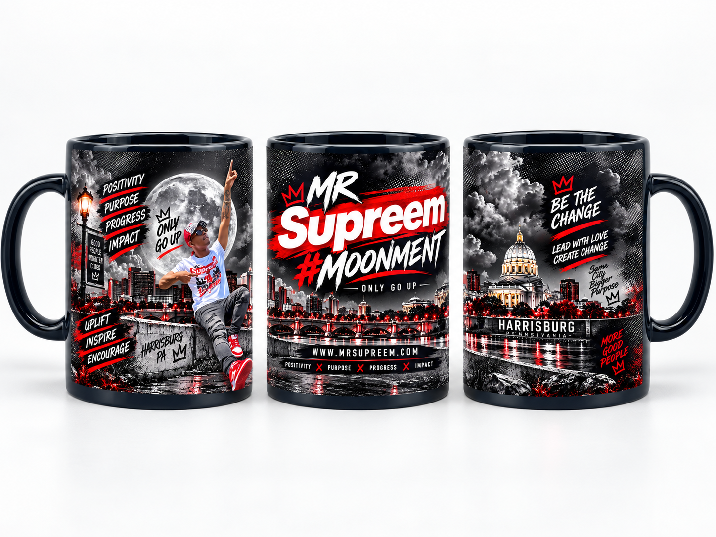 Official Mr. Supreem MoonMent mug shown from multiple angles