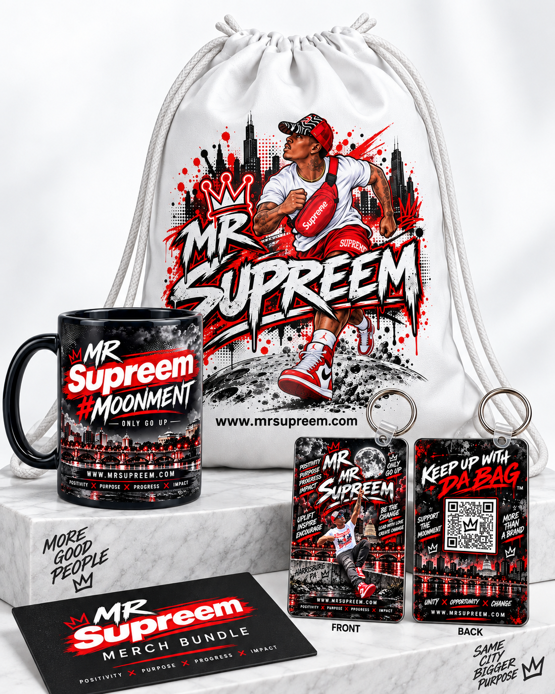 Official Mr. Supreem MoonMent bundle with drawstring bag, mug, and keychain